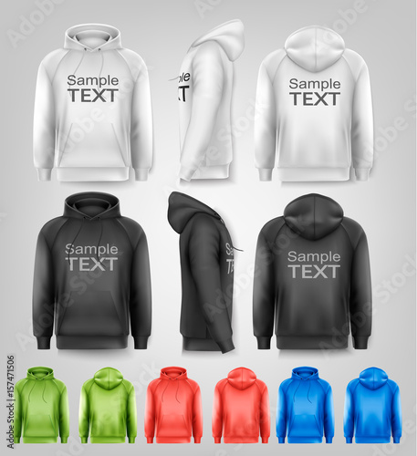 Set of black and white and colorful male hoodies with sample text space. Vector