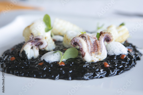 ink, black, dinner, cuttlefish, rice, risotto, restaurant, food, healthy, meal, seafood photo