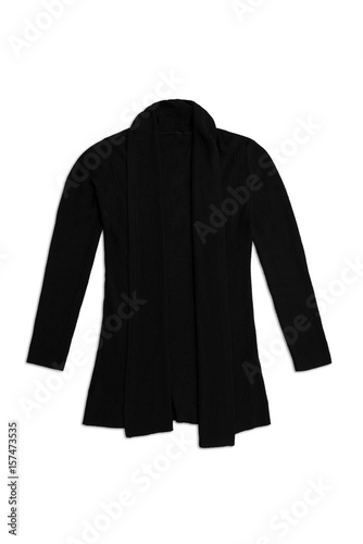 black wool knit cardigan, isolated on white background