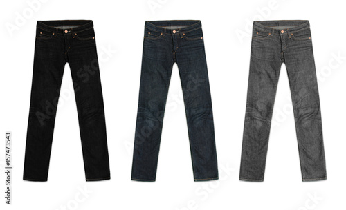 three womens jeans pants, in black, blue and grey, isolated on white background