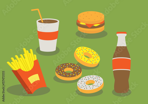 Set of colorful cartoon fast food icons (potato, burger, donuts, soda takeaway). Fast food menu. Vector illustration.