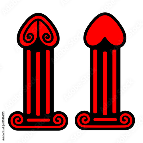 Flat penis icon Dick as an architectural column. Symbol of excellent men`s health, good potency, sexual power and attractiveness. Strong and hard phallus sign isolated on white background