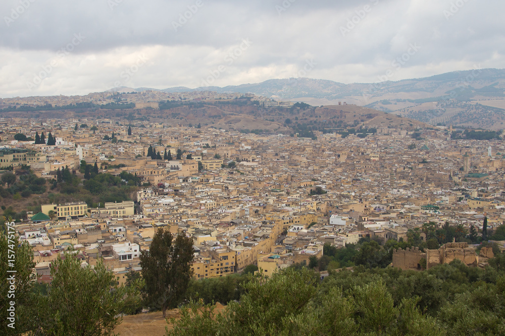Panorama of the Medina of Fez on a cloudy day