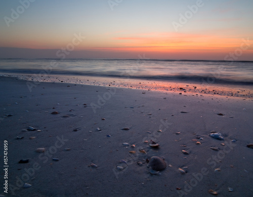 Fototapeta Naklejka Na Ścianę i Meble -  Peacful sunrise on florida beach with shells, near St Augustine