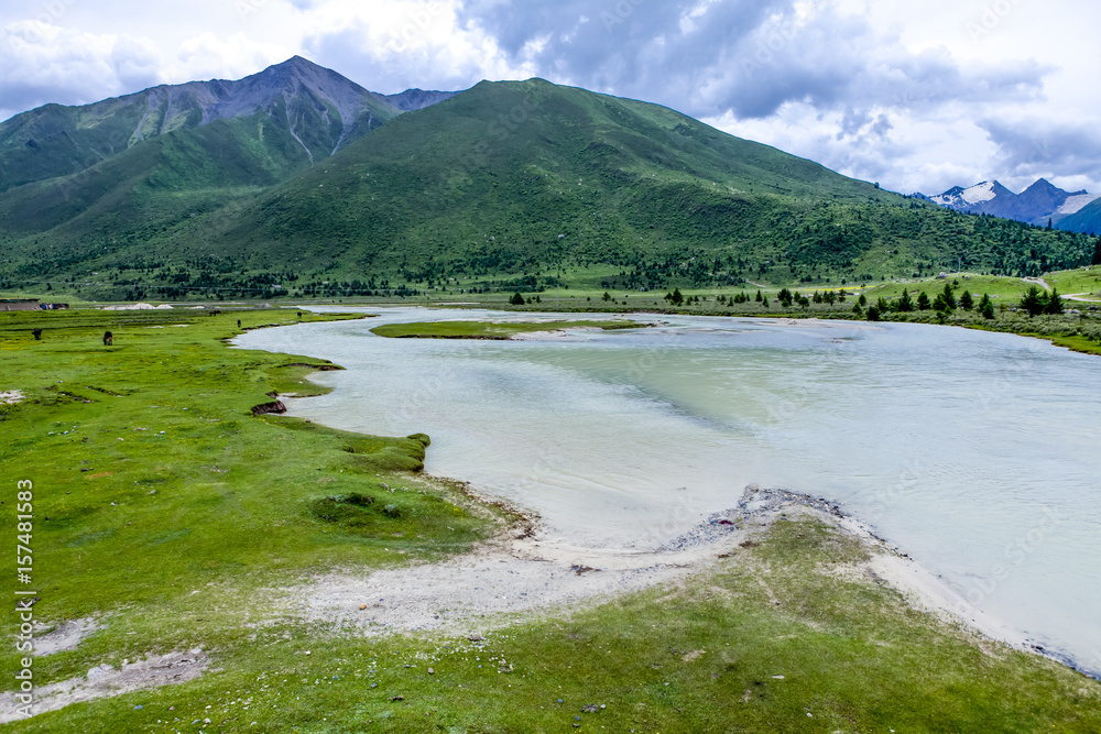 the river and green mountain landscape at Tibet, China