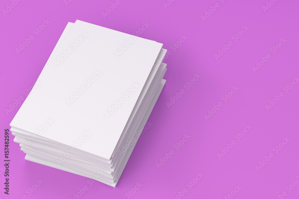 Fototapeta premium Stack of blank white closed brochure mock-up on violet background