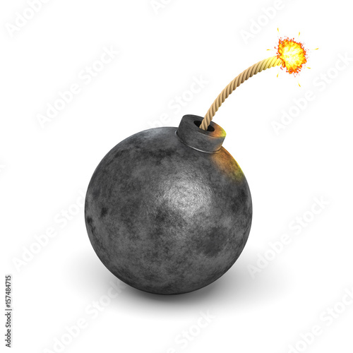 3d rendering of a realistic black iron round bomb with a lit burning fuse on white background.