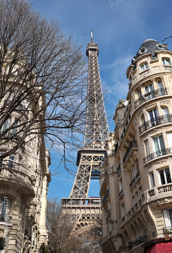 La tour Eiffel au fond de la rue avec arbres et ciel bleu © Bruno Bleu