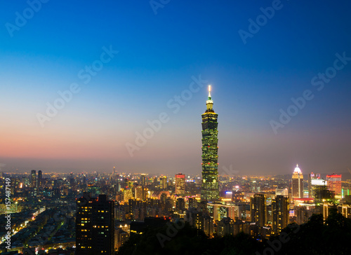 Taipei 101 skyscraper view and city skyline from elephant mountain with clear beautiful sunset sky at twilight night time