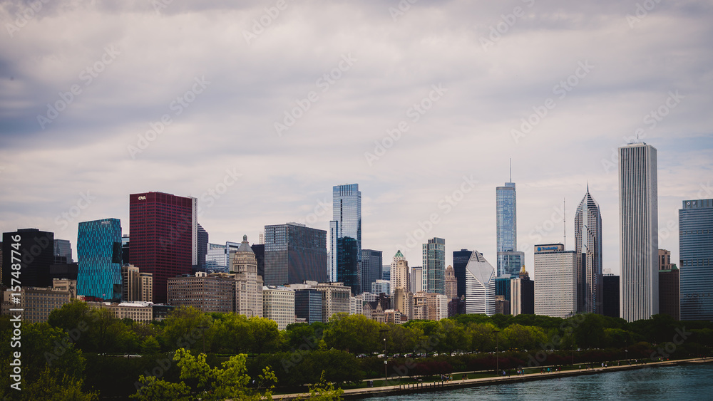 Wide Chicago skyline and lakefront on a cloudy day