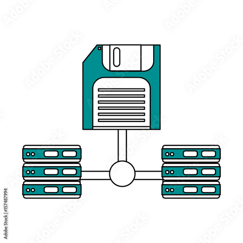 Flat line floppy disk and servers over white background. Vector illustration.