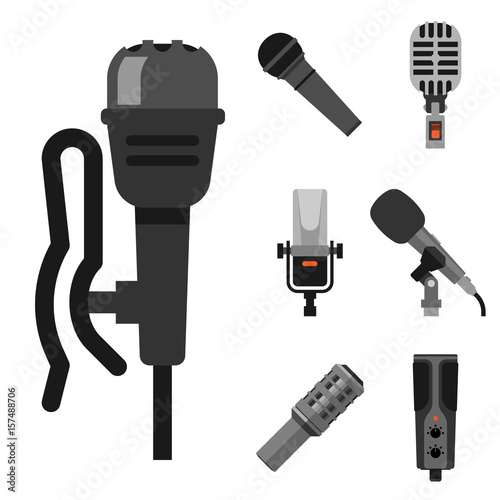 Different microphones types icons journalist vector interview music broadcasting vocal tool tv tool.