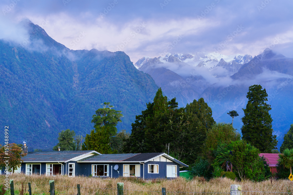 Countryside in Fox Glacier village with Mount Cook background , South Island of New Zealand