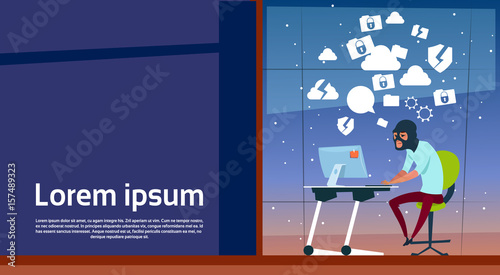 Man Sitting At Computer Hacker Activity Concept Viruses Data Privacy Attack Internet Information Security Flat Vector illustration