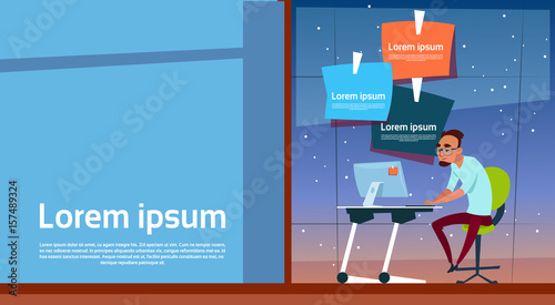 Business Man Sitting Desk Office Working Computer Desktop Copy Space Flat Vector Illustration