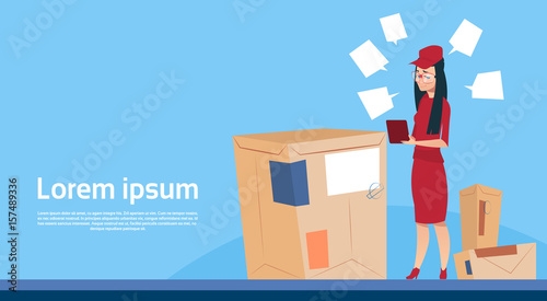 Courier Woman Use Tablet Box Delivery Package Post Service Banner Copy Space Flat Vector Illustration