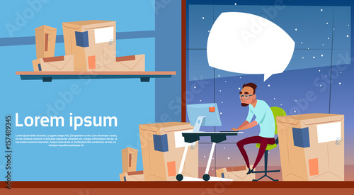 Man Use Computer Work On Delivery Service Package Post Boxes Banner Copy Space Flat Vector Illustration