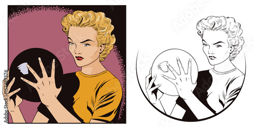 Girl with bowling ball. People in retro style.