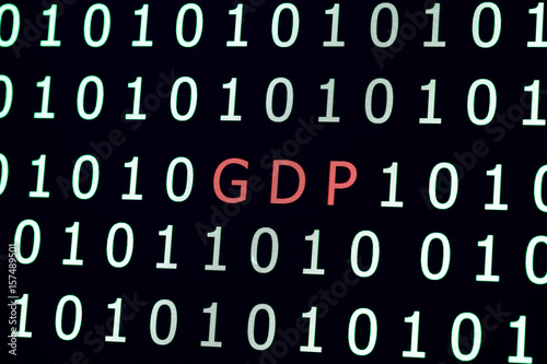 red GDP text among green binary code