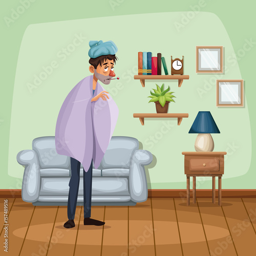 background living room home with cold sickness people vector illustration