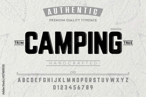 Font.Alphabet.Script.Typeface.Label. Camping typeface.For labels and different type designs photo