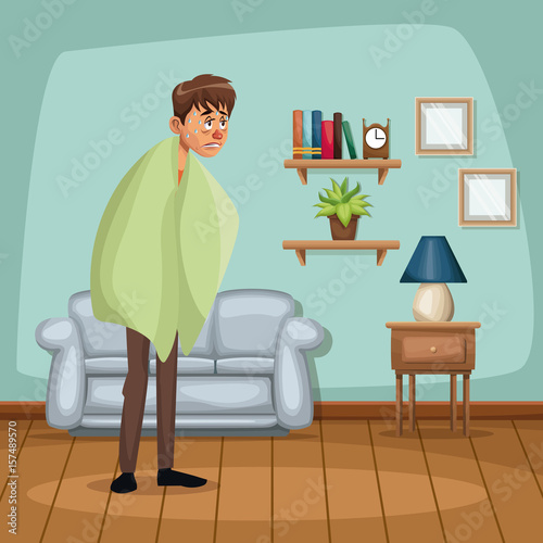 background living room home with fever sickness people vector illustration