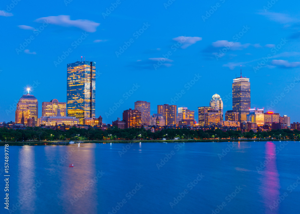 Boston skyline at the evening. Skyscrapers and office buildings in Back Bay. Massachusetts, USA