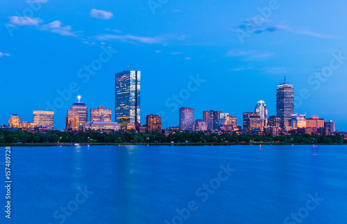 Boston cityscape. Panorama of Back Bay at dusk. View from Cambridge across The Charles River, Massachusetts, USA
