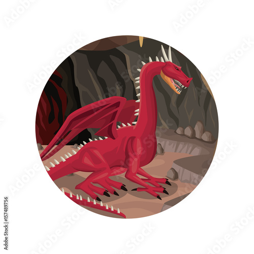 circular frame with cave interior scene and dragon greek mythological creature vector illustration