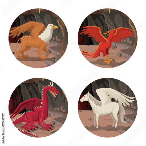 circular frame with cave interior scene with animal greek mythological creatures vector illustration