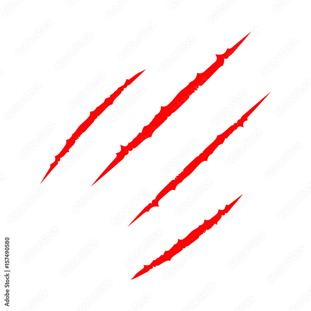 Red bloody four claws animal scratch scrape track. Cat tiger scratches paw. Four nails trace. Funny design element. Flat design. White background. Isolated. Red bloody four claws animal scratch scrape track. Cat tiger scratches paw. Four nails trace. Funny design element. Flat design. White background. Isolated.