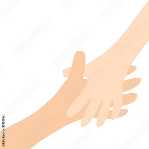 Handshake. Two hands arms reaching to each other. Happy couple. Mother and child. Helping hand. Close up body part. Baby care. White background. Isolated. Flat design.