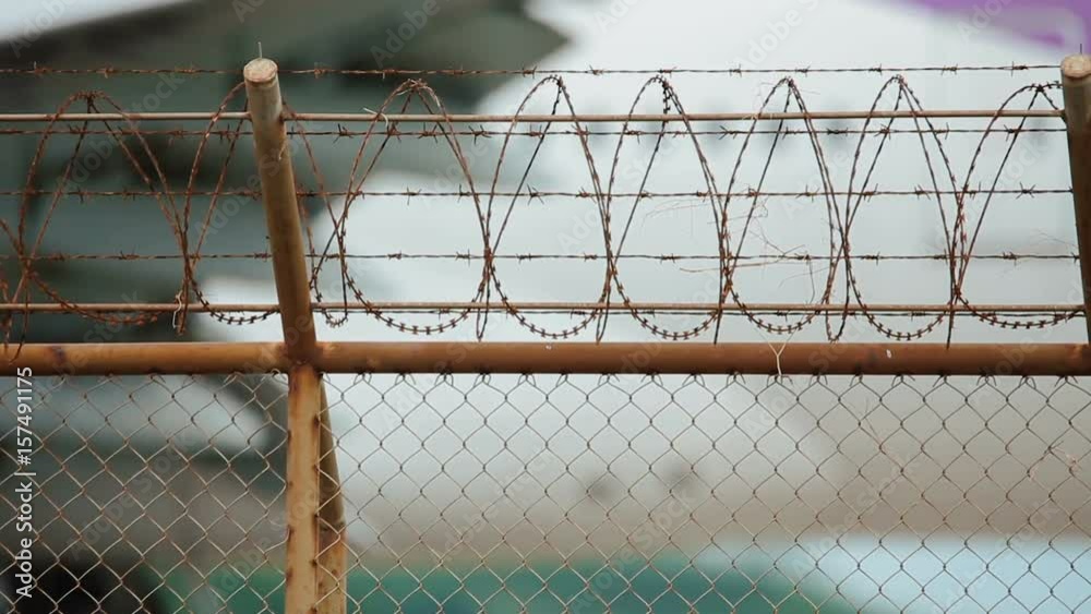 Defocused plane taking off at International airport behind the fence with barbed wire.
Defocused plane taking off at International airport behind the fence with barbed wire.