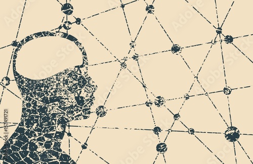 Profile of the head of a man. Mental health relative vector brochure design template. Scientific medical designs. Molecule Communication Background. Connected lines with dots. Grunge cracked texture