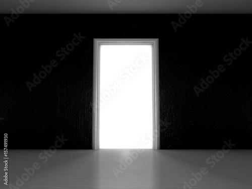 Open door in a room with the outgoing light. 3D rendering