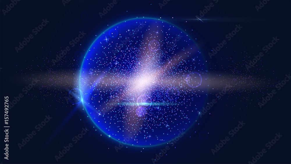 Bright glowing ball filled with particles and dust with shine and glow. The specks of light flying from the explosion. Dynamic digital, technology backdrop for breaking news or cover.