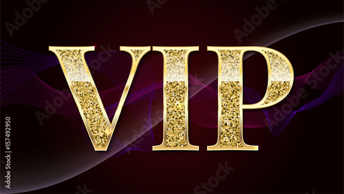 Golden symbol of exclusivity, the label VIP with glitter. Very important person - VIP icon on elite, abstract a wave of smoke background, luxury card. Template for vip banners, invitation or cover.