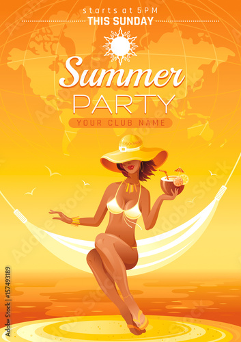 Summer party invitation flyer design. Sea beach landscape background. Sexy young girl travel. People vacation vector illustration poster. Night club banner. Modern elegant luxury template