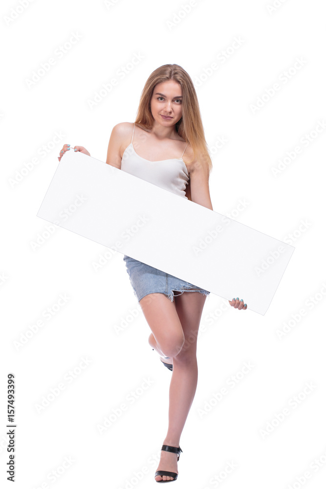 blond girl posing with big nameplate isolated on white background blond girl posing with big nameplate isolated on white background