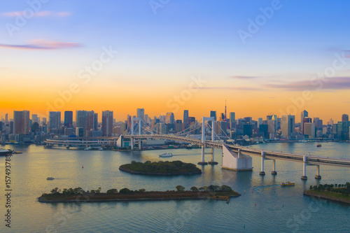 Tokyo skyline with rainbow bridge at dusk. © newroadboy