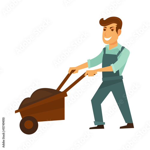 Cartoon man in overalls with garden wheelbarrow illustration
