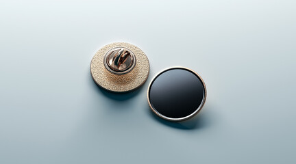 Blank black round gold lapel badge mock up, front and back side view, 3d rendering. Empty luxury hard enamel pin mockup. Golden clasp design template. Expensive curcular brooch for logo presentation