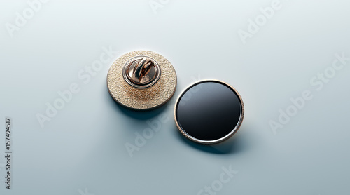 Photo Blank black round gold lapel badge mock up, front and back side view, 3d rendering