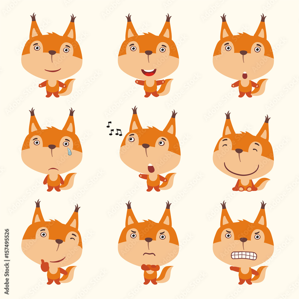 Set funny squirrel in different poses. Collection isolated squirrel in cartoon style for design children holiday and goods.