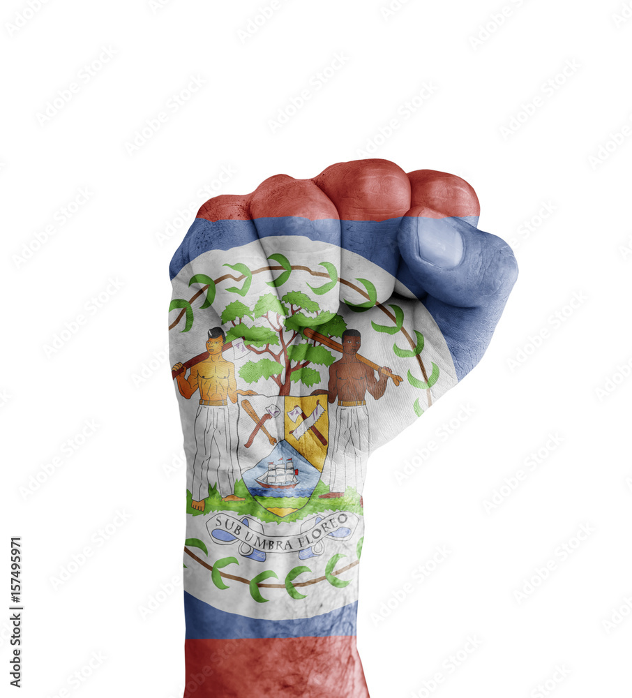 Flag of Belize painted on human fist like victory symbol