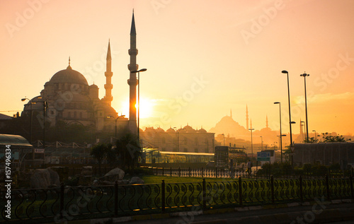 Mosque in Istanbul at sunset, view of the night city