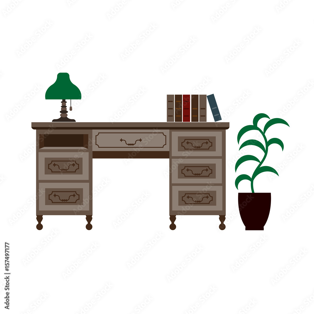 Fototapeta premium Office desk with shelves, green lamp and books on