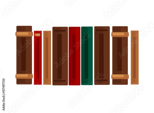 Row of books with brown, red and green covers