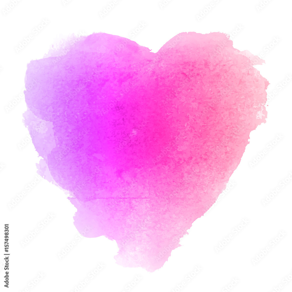 Watercolor gradient violet and pink hand drawn paper texture isolated heart shaped stain on white background for valentines day. Abstract aquarelle vector illustration. Wet brush romantic painting.
