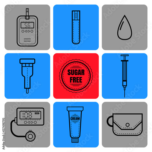Test strip, drop of blood, syringe and glucose meter. Diabetes. Flat icons and objects of medical equipment.
